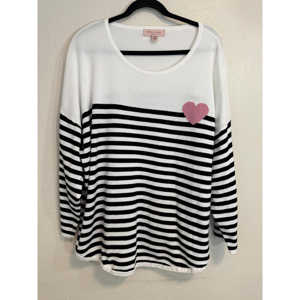 Plus Size Philosophy Woman Black White Striped Heart Patch Knit Top Sweater 2X